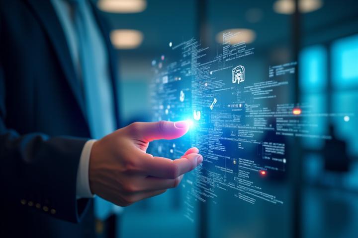 Käsi osoittaa futuristista esitystä Legal Tech ratkaisuista ja tekoälystä