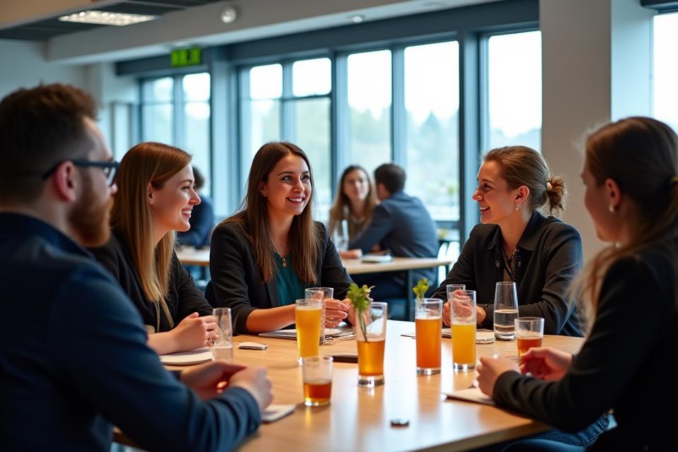 Monipuolinen joukko startup-yrittäjiä ja asiantuntijoita verkostoitumassa modernissa tapahtumatilassa Espoossa.