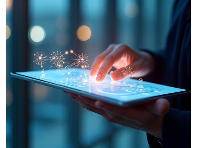 Lähikuva digitaalisesta tabletista, jossa on avoinna sopimusanalyysisovellus, ja taustalla leijuvia digitaalisen tiedon elementtejä. Kuvaa modernia sopimushallintaa.